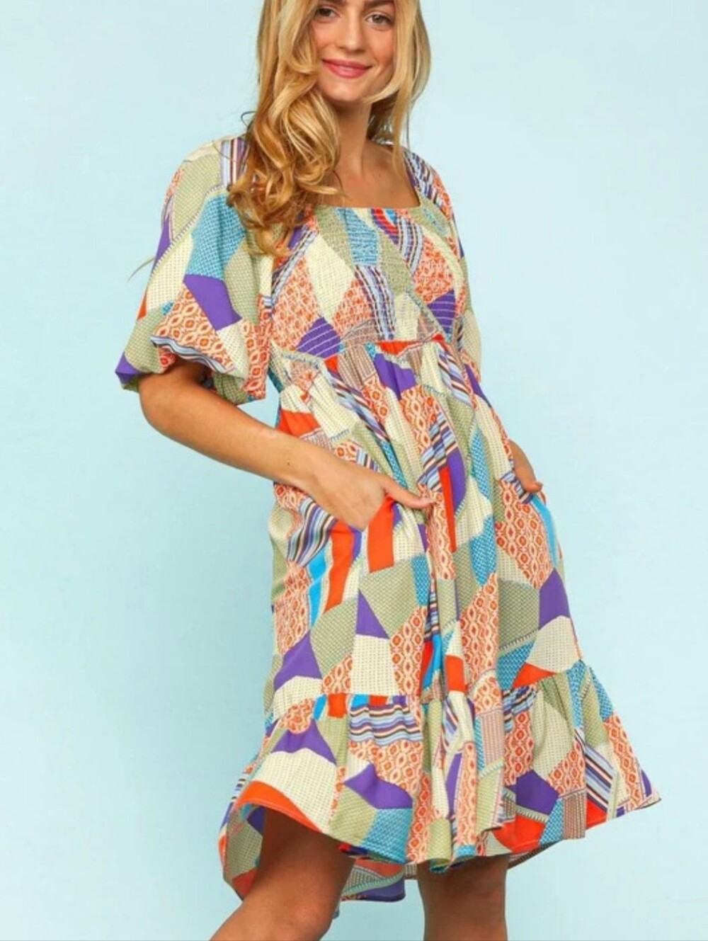 Haptic "Paint Me Pretty" Smocked Boho Square Neck Dress, 3X, Style#HD3125AX